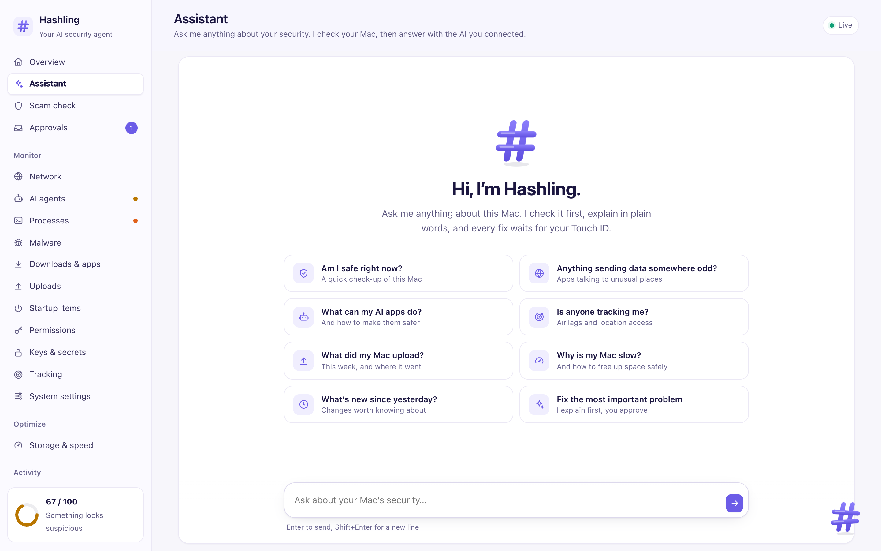 Hashling’s assistant page with suggested questions like Am I safe right now
